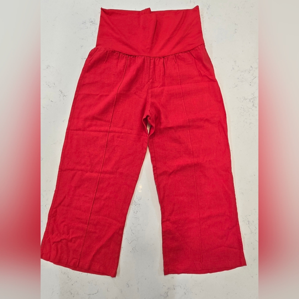 Just Living Bold Red Linen High Waisted Wide Leg Cropped Pants With Elastic Band